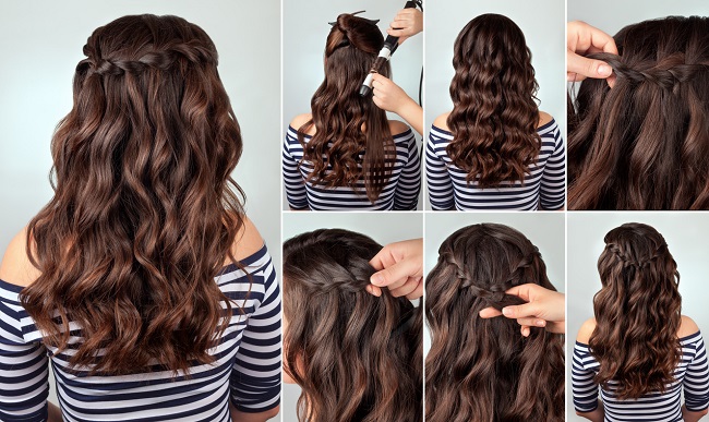 Coafură waterfall braid - împletitură din care curg șuvițe ondulate