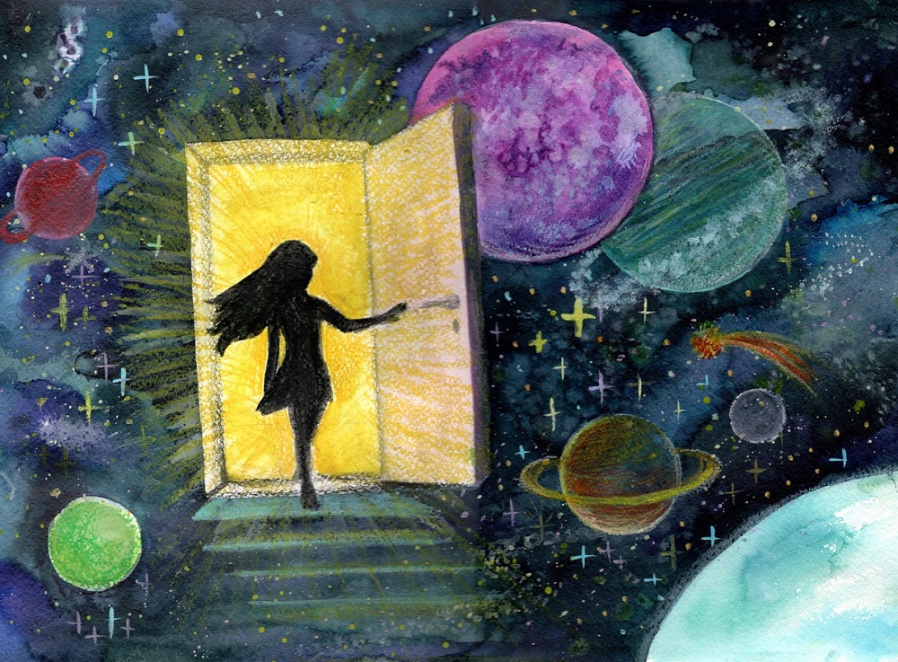Ilustrație cu o femeie care deschide o ușă spre Univers.