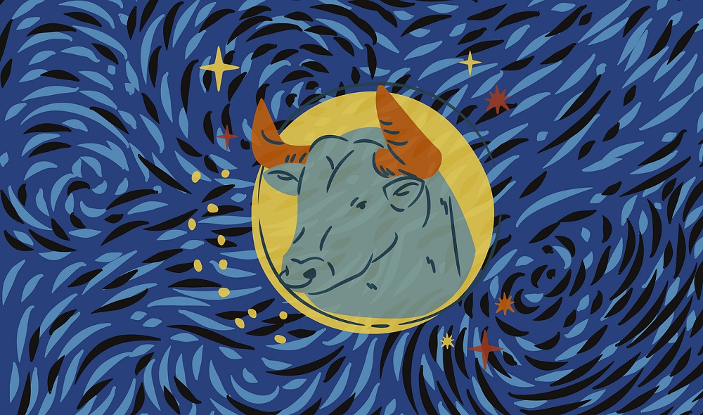 Ilustrație zodia Taur pe un fundal colorat în nuanțe de albastru cu negru