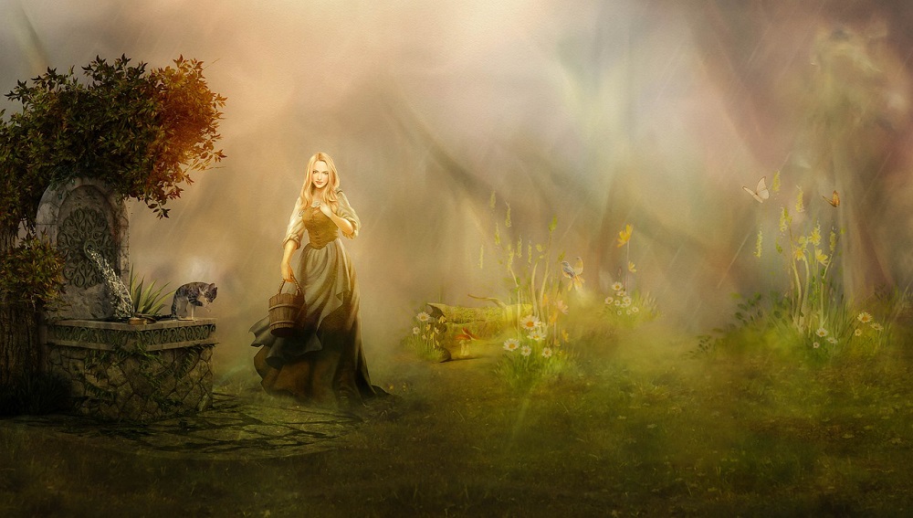 Ilustrație cu o femeie blondă care merge să ia apă de la o fântână din pădure.