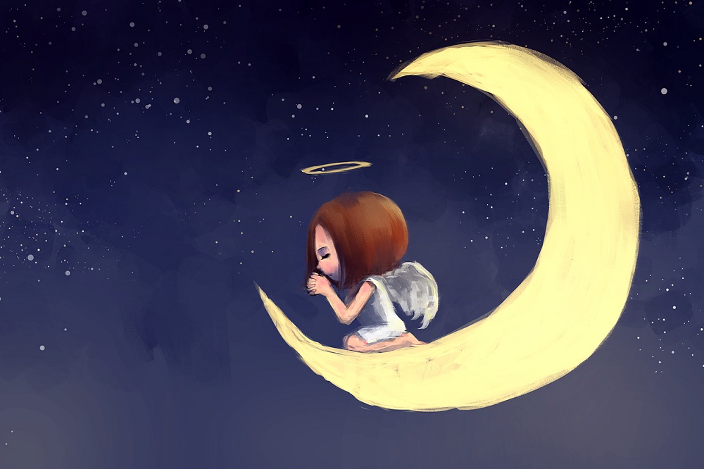 Ilustrație îngeraș care stă pe Lună și se roagă.