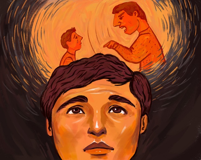 Ilustrație cu un copil care își amintește că a fost certat și criticat de tatăl său.