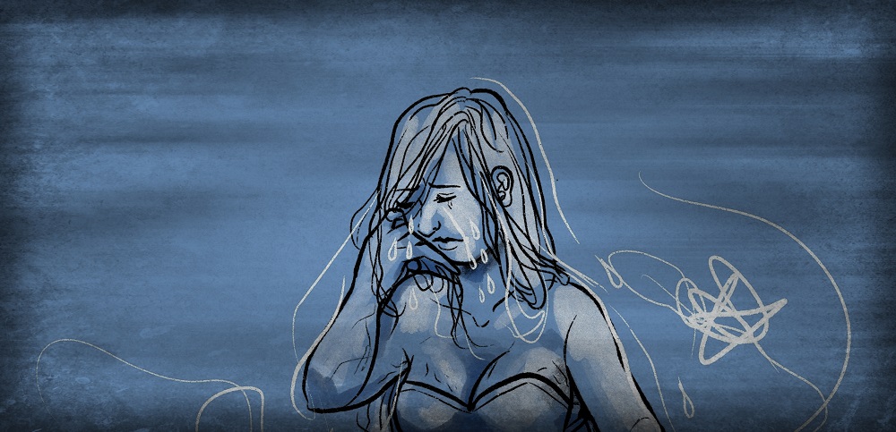 Ilustrație în nuanțe de gri cu o femeie care plânge în hohote.