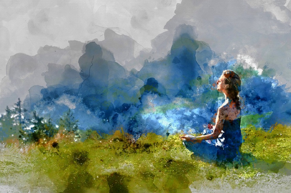 Pictură cu o femeie care meditează în natură.