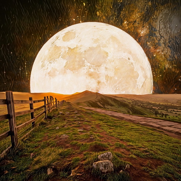 Ilustrație cu Lună Plină văzută de pe un deal.
