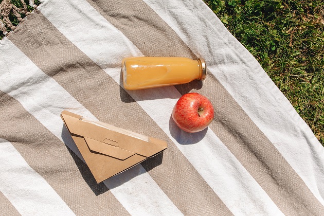 Sendviș, suc de portocale și măr - prânz pe pătură la iarbă verde.