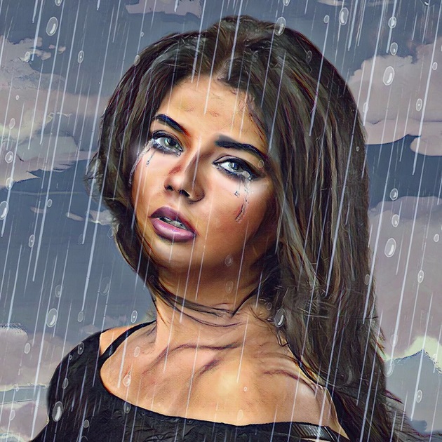 Pictură portret cu o fată șatenă care plânge în ploaie.