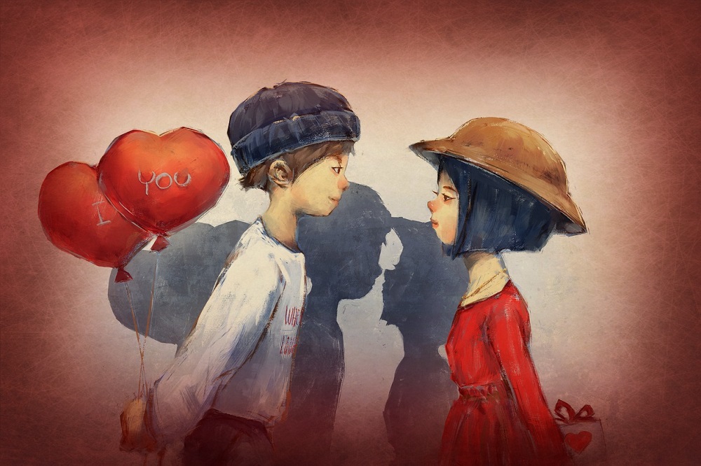 Ilustrație îndrăgostiți care își oferă cadouri și ale căror umbre se sărută.