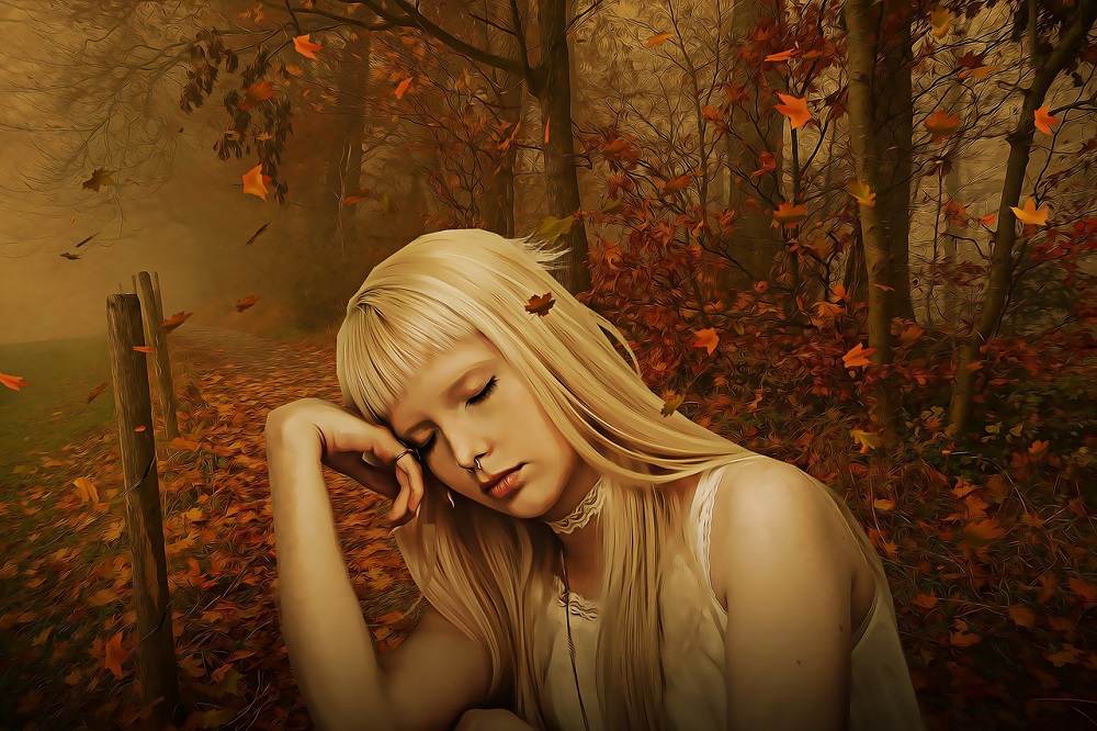 Ilustrație femeie blondă, obosită și supărată, care stă în pădure pe un covor de frunze, în timp ce ține ochii închiși.