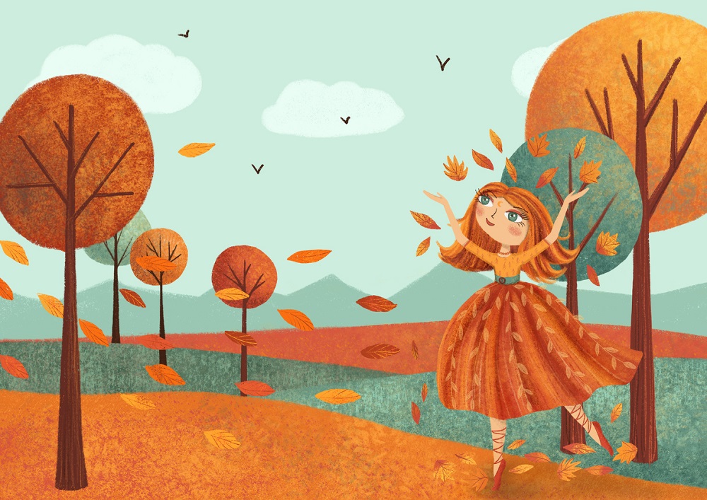 Ilustrație peisaj de toamnă cu o femeie care aruncă în sus frunzele aurii culese de pe jos.