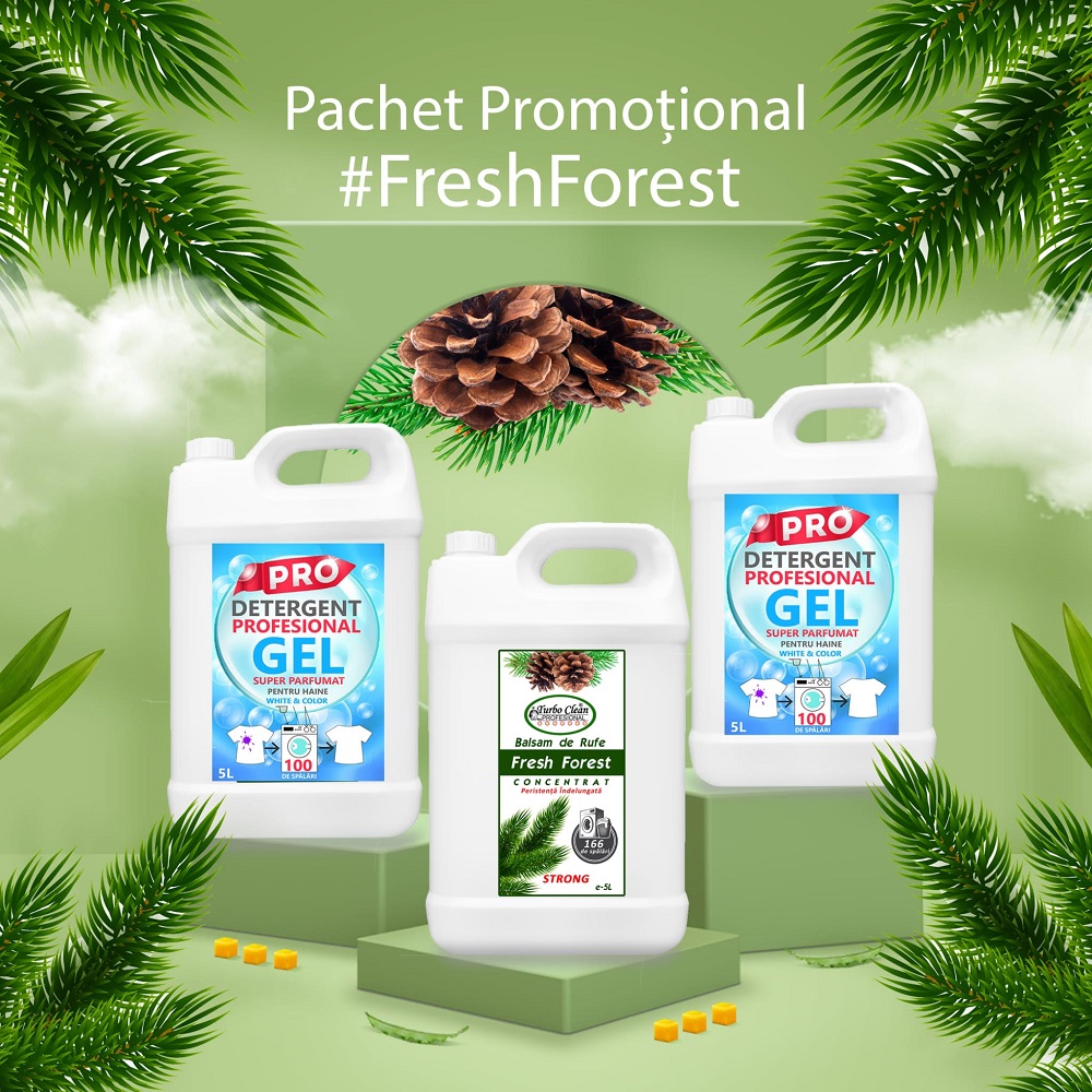 Pachetul promoțional Fresh Forest cu două recipiente de detergent și unul de balsam, la 5 litri fiecare.