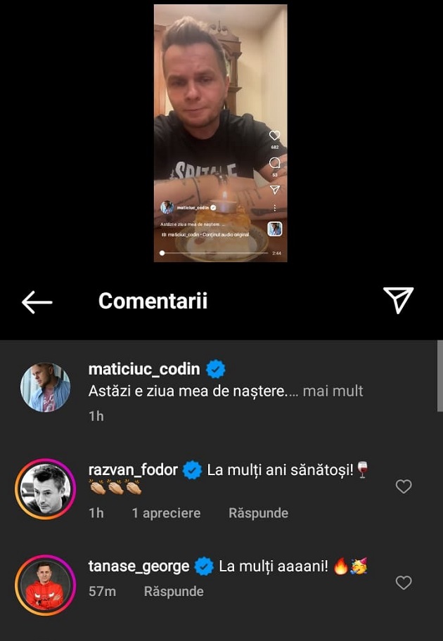 Comentariile cu urări pe care i le-au transmis Răzvan Fodor și George Tănase lui Codin Maticiuc