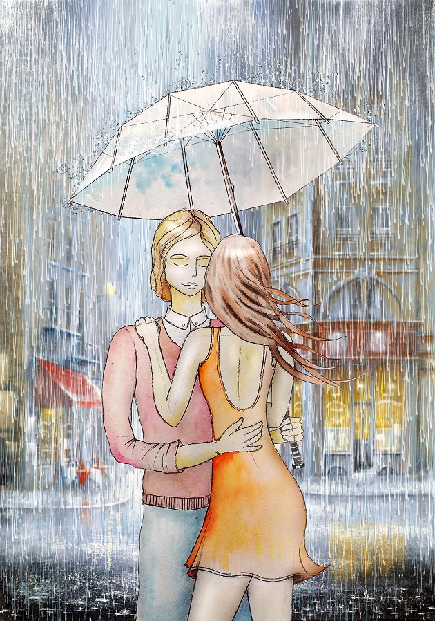 Ilustrație parteneri care se îmbrățișează sub o umbrelă, pe o vreme ploioasă.