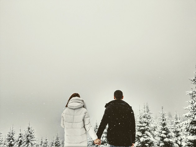 Cuplu care se ține de mână iarna, în timp ce admiră peisajul.