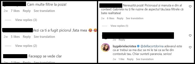 Comentariile primite de Gabriela Cristea pe Instagram.