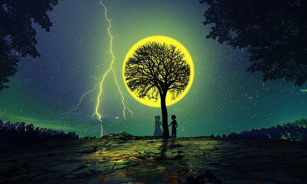 Ilustrație siluete îndrăgostiți care se întâlnesc lângă un copac într-o noapte cu lună plină