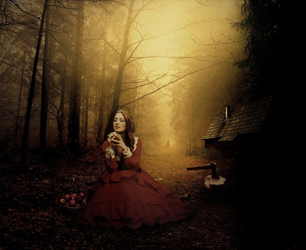 Ilustrație toamna cu o femeie îmbrăcată în rochie de prințese, așezată pe jos într-o pădure, lângă un coș cu mere.