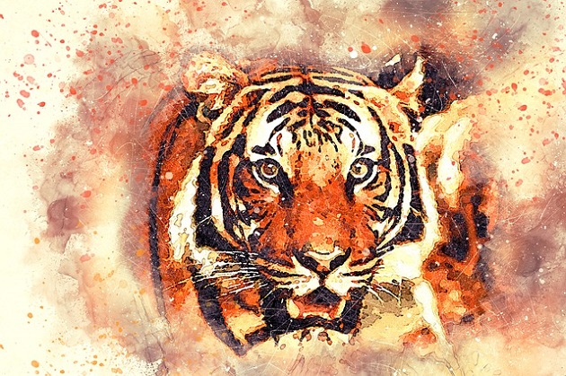 Ilustrație tigru pictat în nuanțe de maro și portocaliu