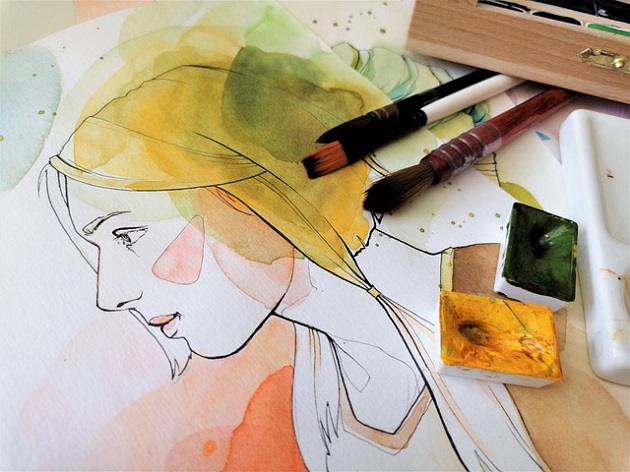 Pictură cu portretul din profil al unei femei blonde