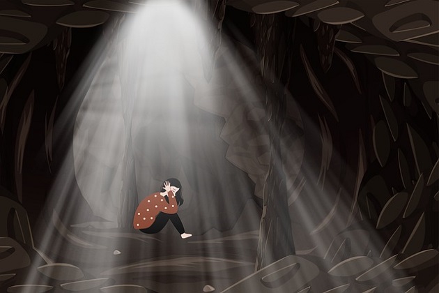 Ilustrație cu o femeie brunetă care este supărată și plânge într-o peșteră.