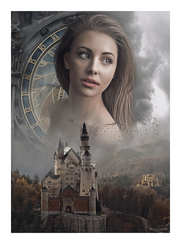 Portretul unei femei care privește peste umăr adăugat peste alte două imagini, una cu un castel și alta cu un ceas.