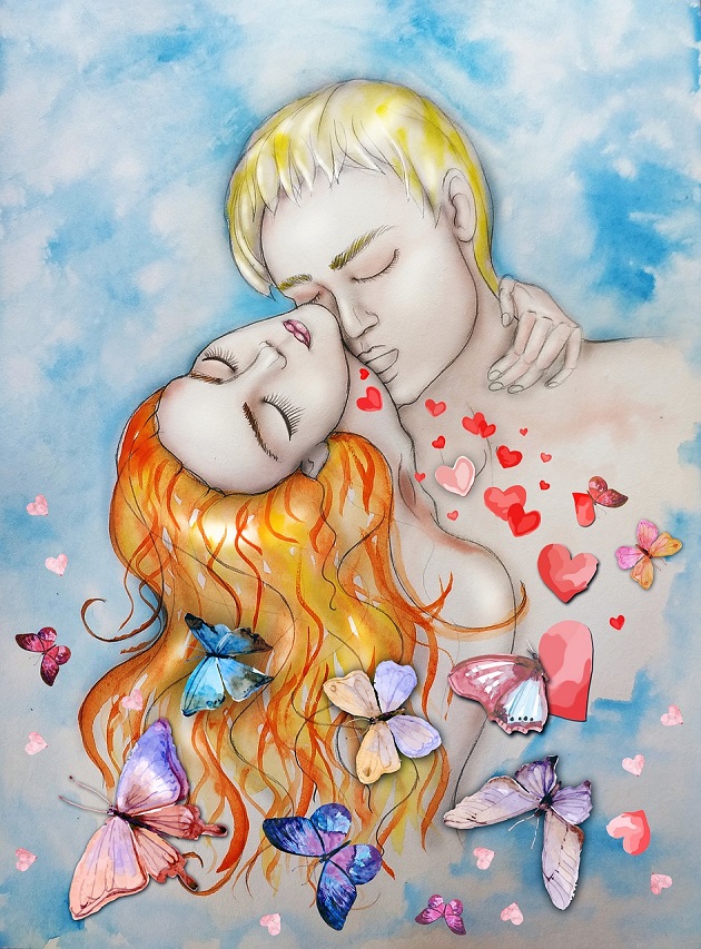 Ilustrație îmbrățișare pasională între îndrăgostiți