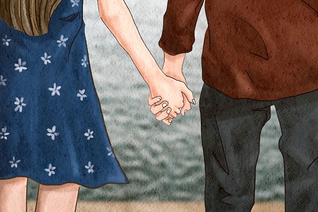 Ilustrație îndrăgostiți care se țin de mână și admiră marea împreună.