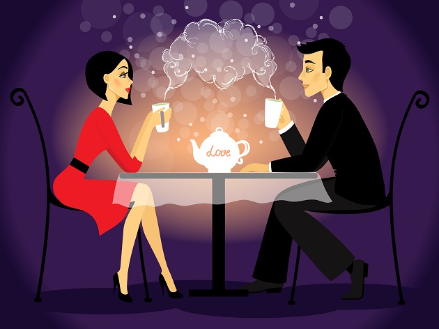 Ilustrație cu doi îndrăgostiți la o întâlnire romantică, în timp ce beau câte un ceai și se privesc în ochi