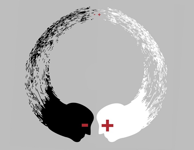 Ilustrație opoziție plus și minus, reprezentând extremele care se atrag sau yng și yang care se completează