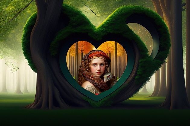 Portretul unei femei care stă în spatele unui copac a cărui coroană este în formă de inimă