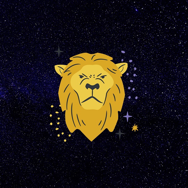 Ilustrație zodia Leu realizată dintr-un cap de leu pus peste un fundal care inită cerul înstelat