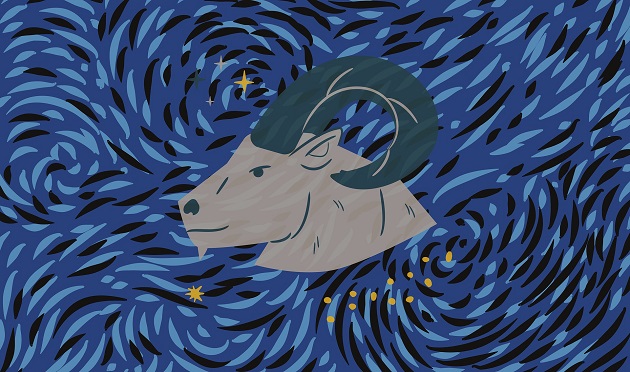 Ilustrație zodia Capricorn pe un fundal colorat cu negru și mai multe nuanțe de albastru