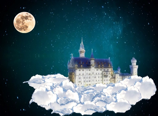 Ilustrație castel pe un nor, luminat de Luna Plină