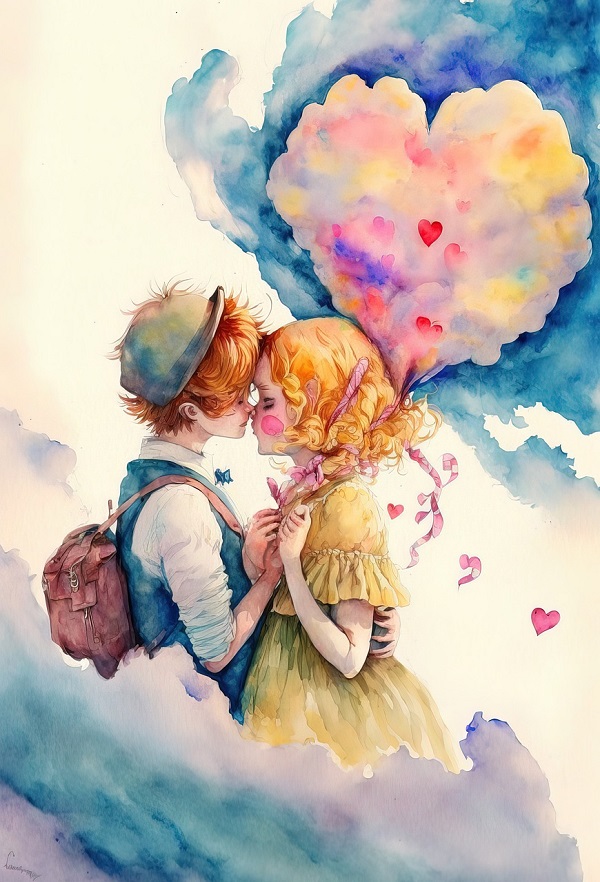 Ilustrație cu tineri îndrăgostiți care se apropie timid, dorind să își ofere un sărut