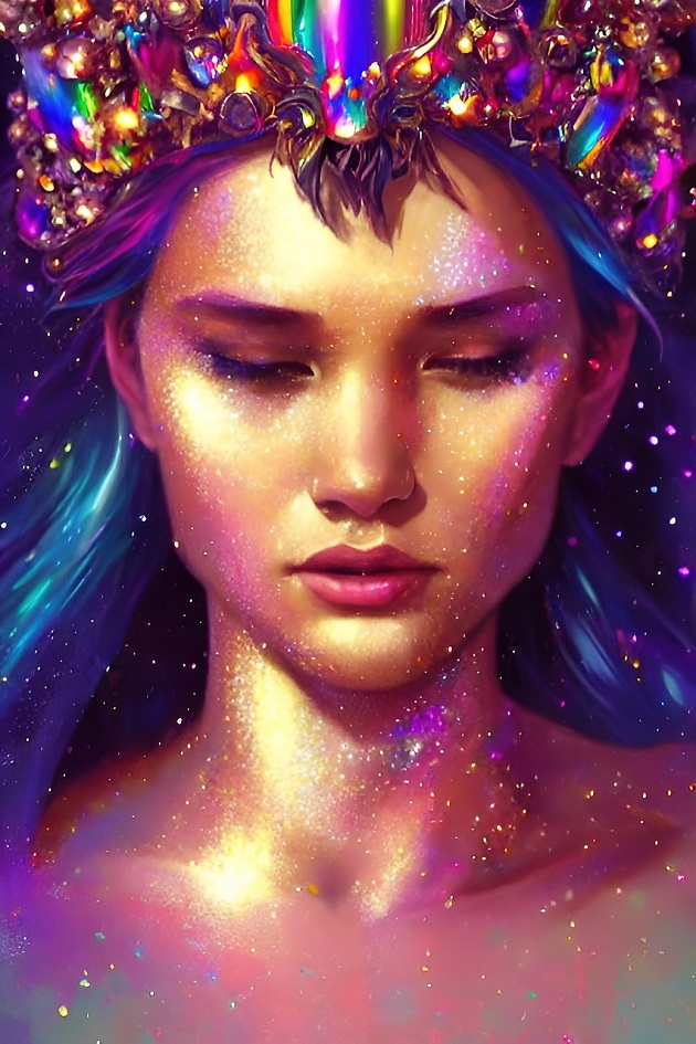 Portret al unei femei care poartă o coroană mare pe cap, realizată din cristale colorate.