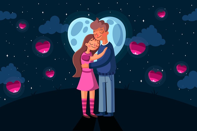Ilustrație cu doi îndrăgostiți care se îmbrățișează în univers