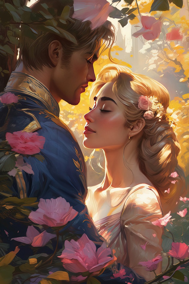 Ilustrație cu prinț și prințesă care stau îmbrățișați într-o pădure cu flori