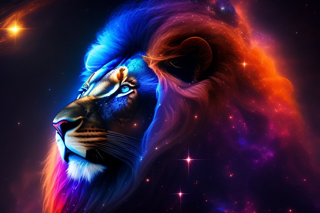 Ilustrație colorată cu un leu aflat în Univers, printre stele, care simbolizează constelația Leului