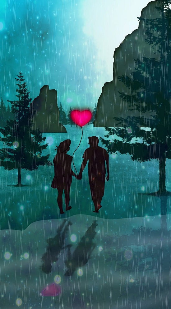 Ilustrație cu siluetele unor îndrăgostiți care se țin de mână în ploaie, ținând un balon în formă de inimă deasupra capetelor