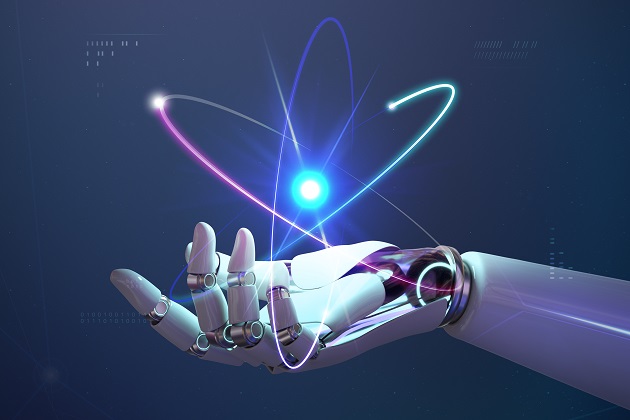 Mână de robot care jonglează cu energia nucleară, ilustrație a inovațiilor viitoare