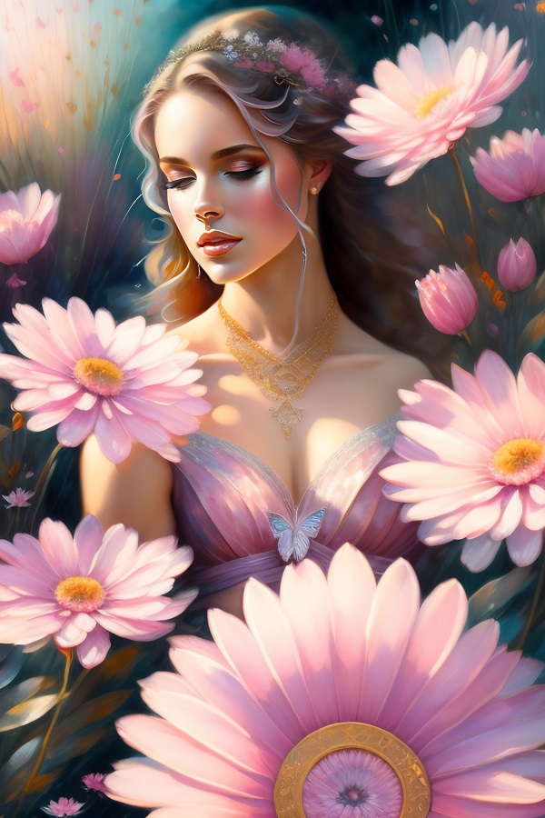 Ilustrație cu portretul unei femei care stă în lumina soarelui, printre flori