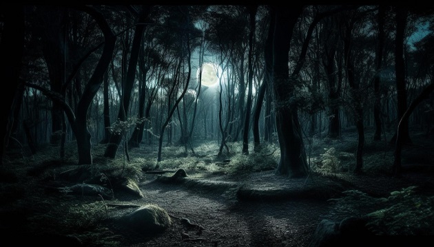 Peisaj nocturn, luna plină văzută printre ramurile copacilor din pădure