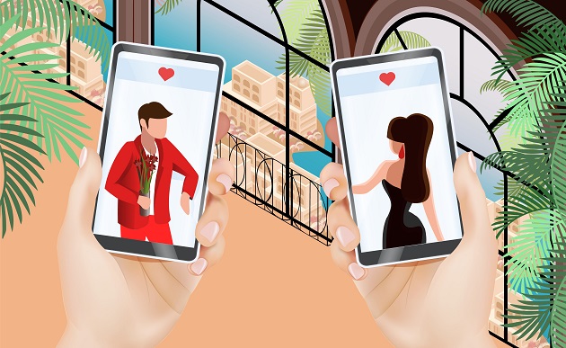 Ilustrație cu îndrăgostiți care vorbesc la telefon înainte de întâlnire