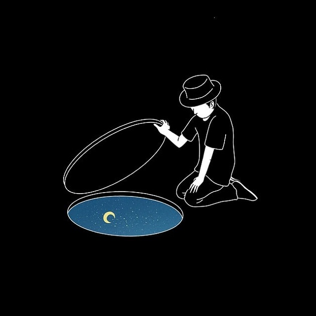 Ilustrație cu un bărbat care vede reflexia cerului cu lună în gura unui canal