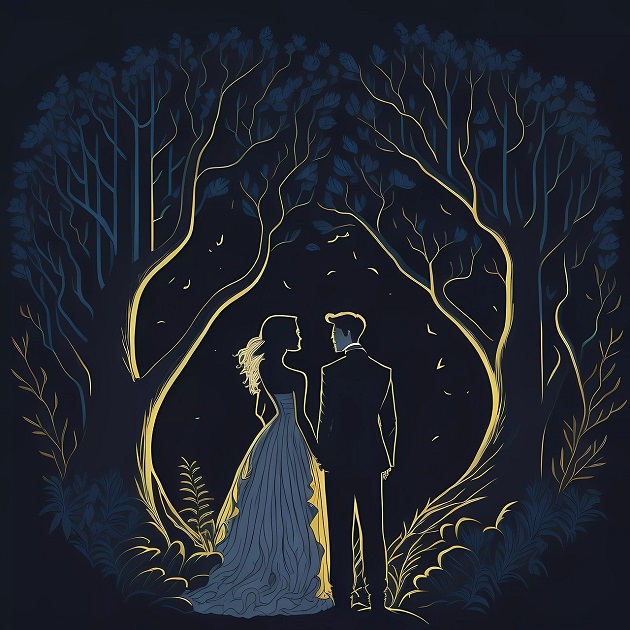 Ilustrație cu miri care se plimbă noaptea prin pădure.