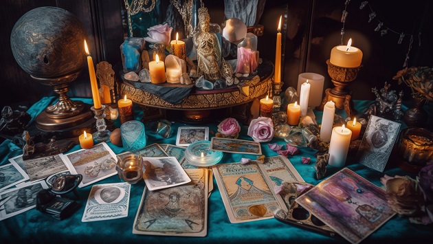 Elemente de magie neagră așezate pe o masă, lângă lumânări aprinse