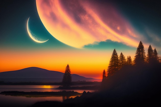 Peisaj de munte, la apus, cu Luna Nouă care strălucește puternic pe cer.