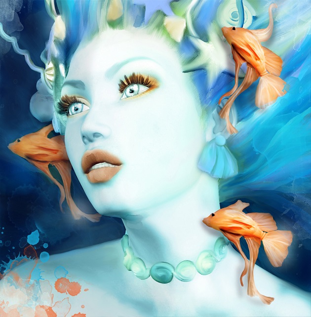Ilustrație zodia Pesti, portret de femeie sub apă
