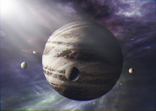 Ilustrație planeta Jupiter înconjurată de alte planete mai mici