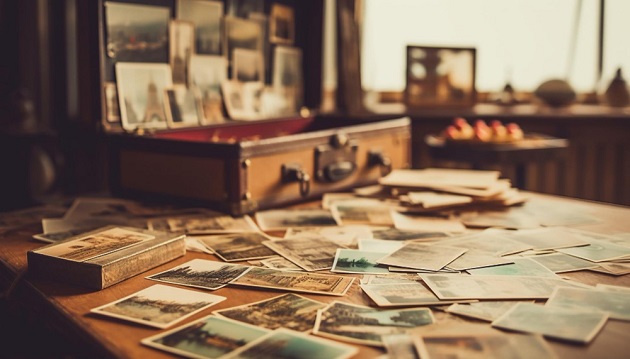 Fotografii vechi așezate pe o masă